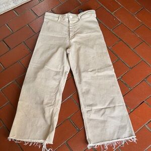 Zara Beige Button-Fly Wide Leg- Frayed Hem 10